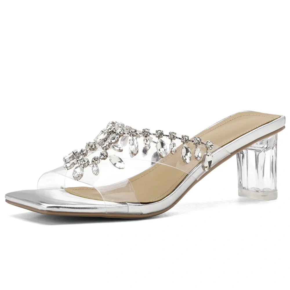 Women's Summer New 6CM Height Increasing Chunky Heel Crystals Peep Toe Retro Square Toe Plus Size 40 Fashion Slippers 50623