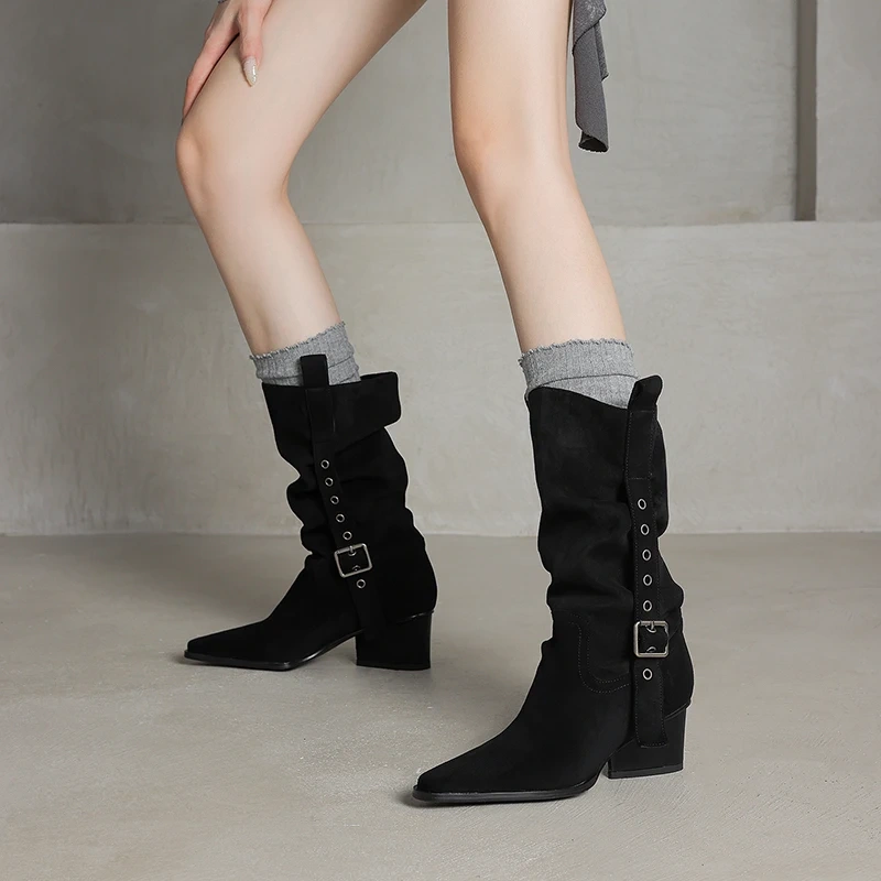 Women's Autumn New Suede Genuine Leather 5.5CM Block Heel Pointed Toe Buckle Belt Folded Fashion Concise Stacked Boots 50803