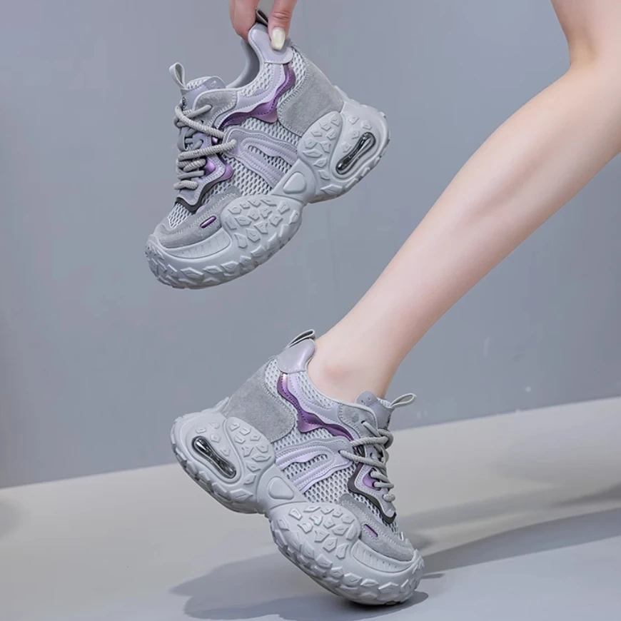Women's Summer 12 CM Platform Genuine Leather & Mesh Breathable Upper Purple Sneakers Color Block Lace-Up Green Shoes 50524
