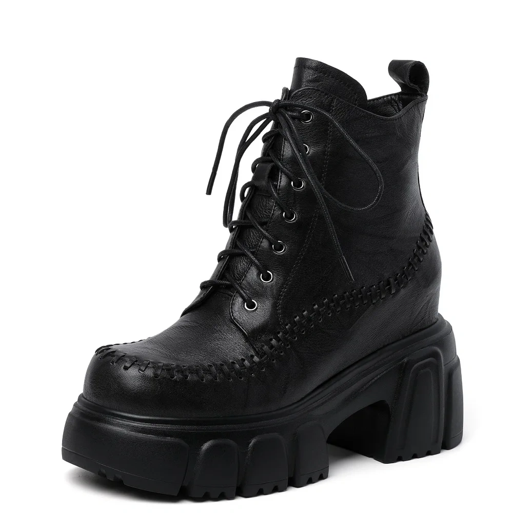 Sewing Genuine Leather 10 CM Block Heel Autumn Winter New British Style Retro Side Zipper Chunky Sole Platform Boots 51017