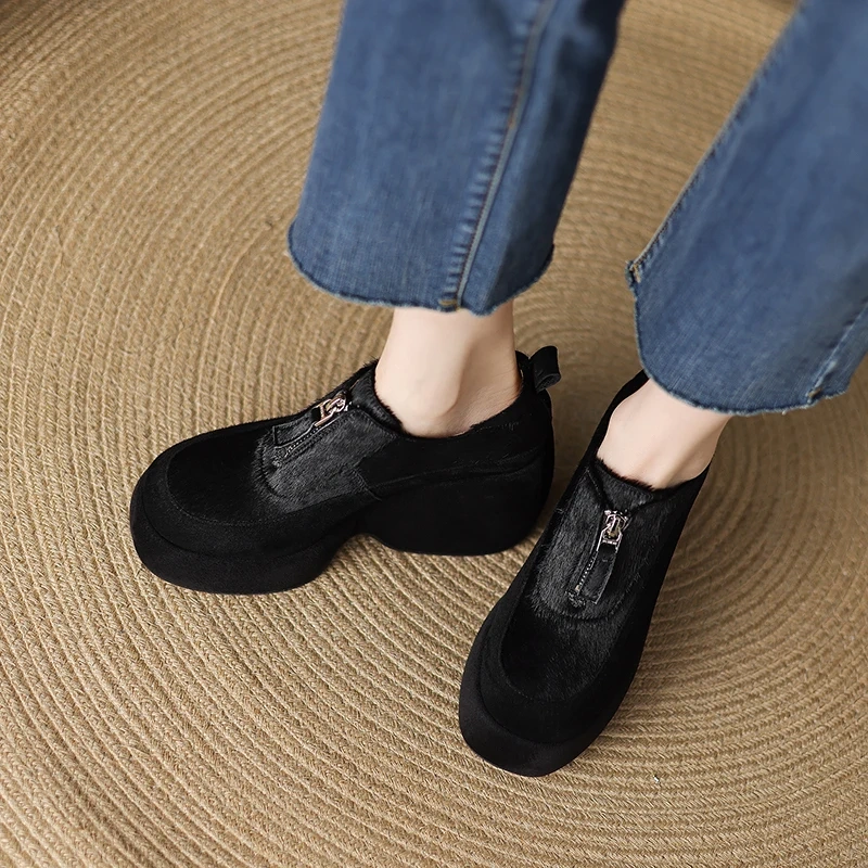Women's Spring/Fall Genuine Leather & Pony Hair 10CM Wedge Heel Leopard Print Zip Chunky Platform Fashion Concise Shoes 50727