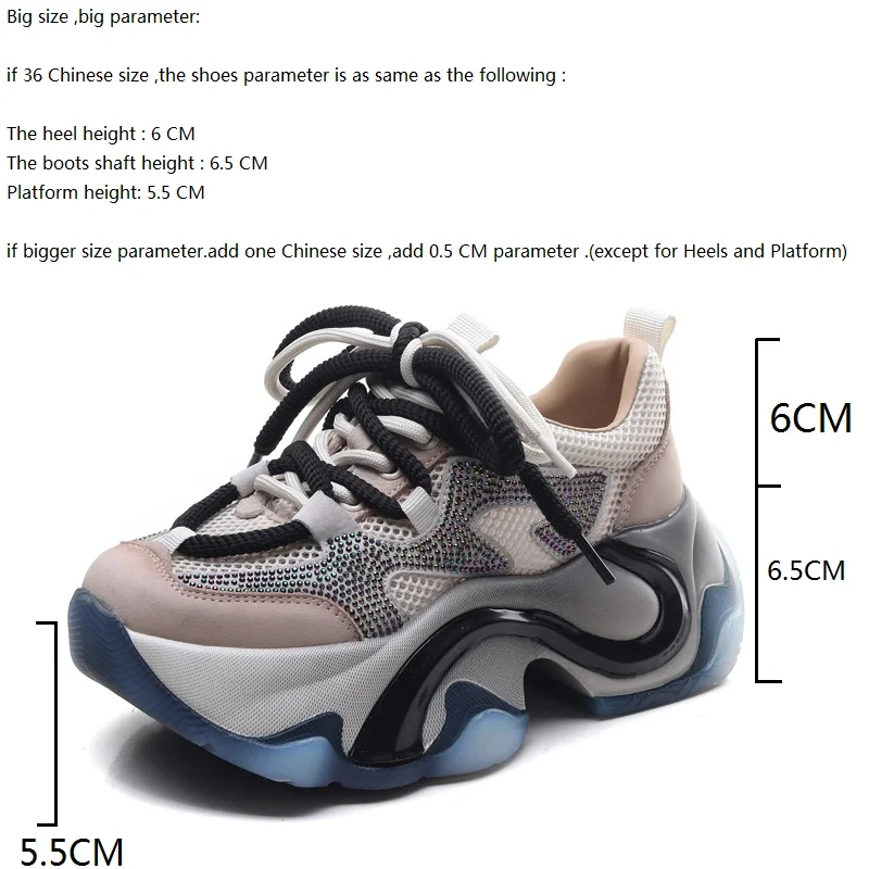 Women's Spring Summer Slim 6.5 CM Thick Sole Genuine Leather & Mesh Crystals Hollow Out Platform Lace-Up Casual Shoes 50602