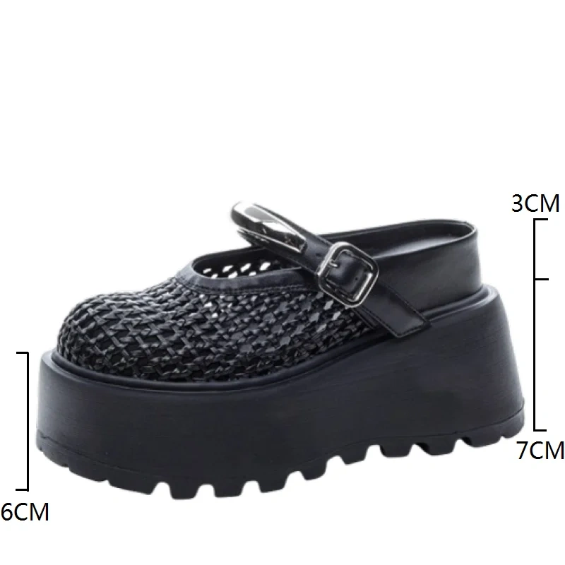 Women's Summer Fashion 10 CM Thick Sole Genuine Leather Sandals Closed Toe Hollow Out Metal Buckle Slippers 50524