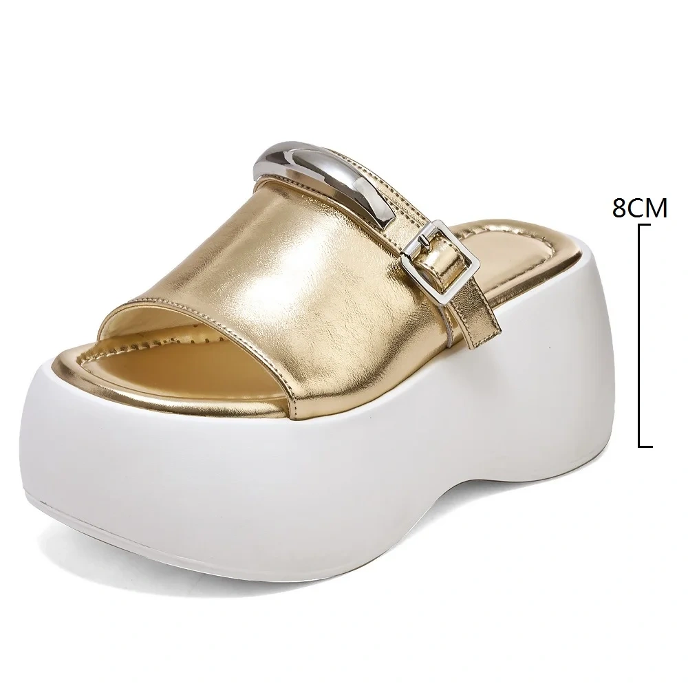 Women's Summer Slim 8 CM High Heel Platform Genuine Leather Wedge Shoes Bling Open Toe Gladiator Metallic Buckle Slippers 50528