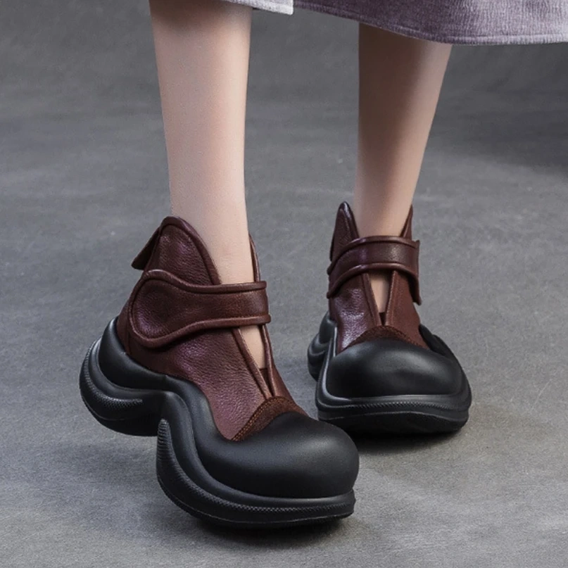 Women's Spring Summer Slim Fit 5.5CM Thick Sole Round-Toe Genuine Leather Solid Color Slip-On Hook & Loop Straps Shoes 50703