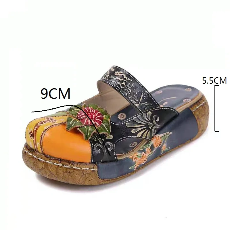 Women's Summer New 5.5 CM Wedge Genuine Leather Closed Toe Printed Color Block Retro Ethnic Platform Slippers 50529