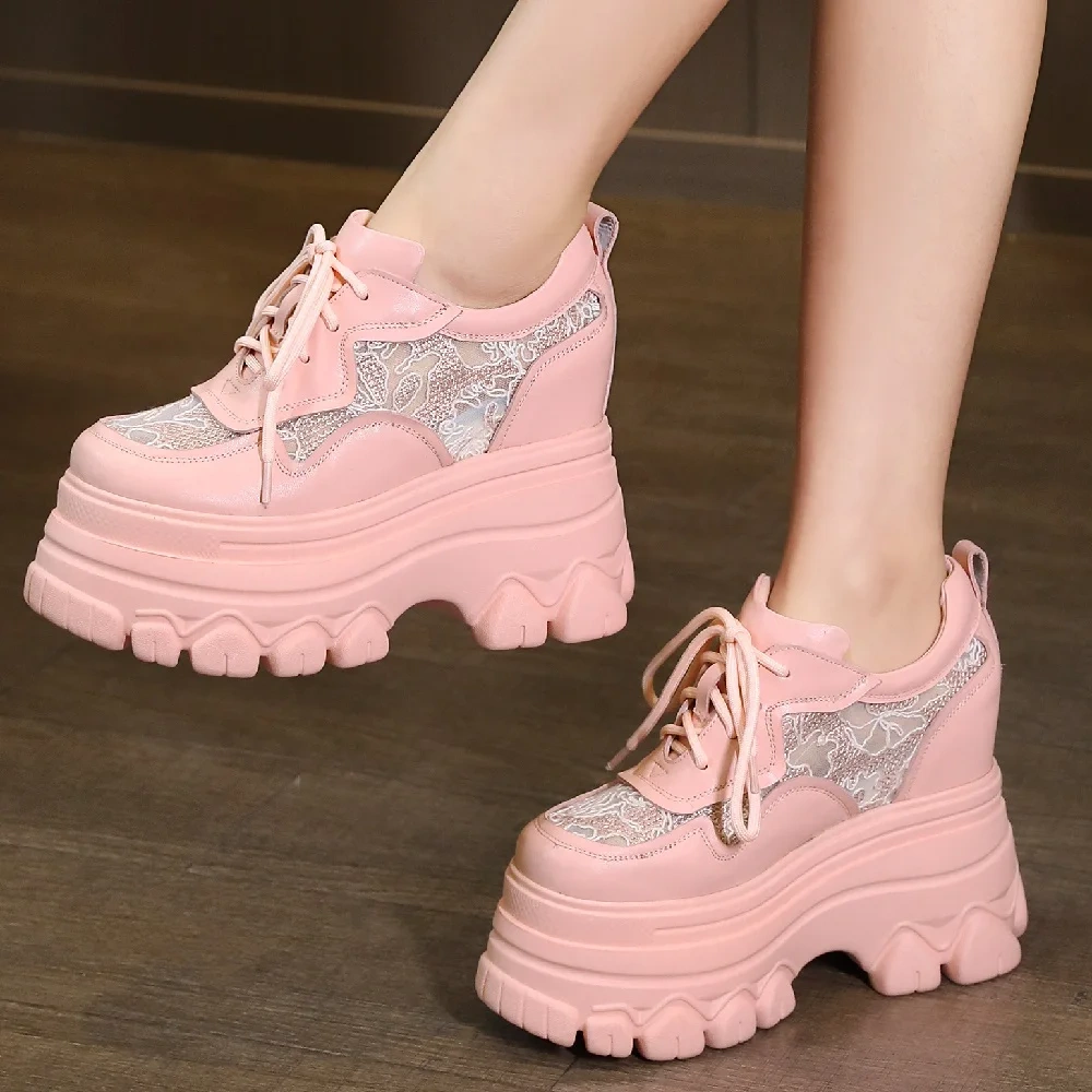 Spring Autumn New Korean Style Slim Height Increasing Platform Wedges Embroidery Lace-Up Genuine Leather Women Casual Shoes 2409