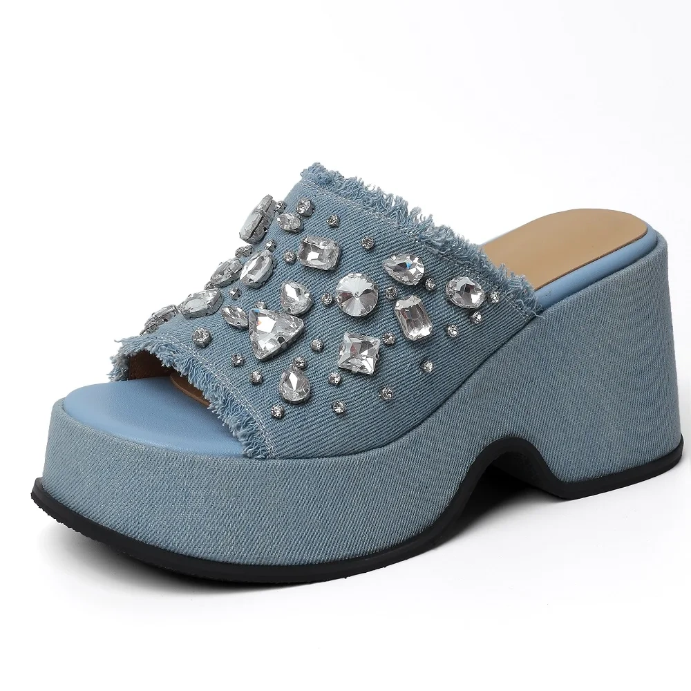 Women's Summer New Slim 9 CM Chunky Heel Denim Crystals Open Toe Wedge Platform Fashion Slippers 50607