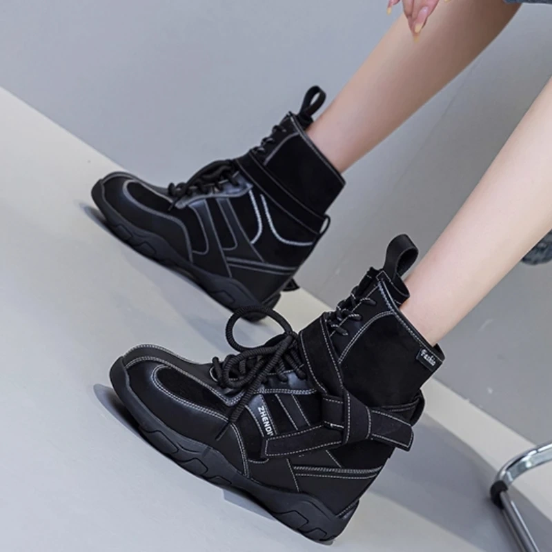 Women's Autumn Solid Color Slim-fit 12CM Hidden Wedge Lace-up Round Toe Platform Concise Casual Ladies Ankle Boots 50806