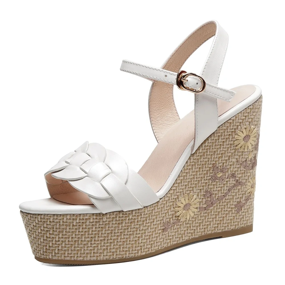 Women's Summer New Slim 12 CM Wedge Heel Genuine Leather Peep Toe Single Strap Platform Woven Gladiator Slingbacks Sandals 50610