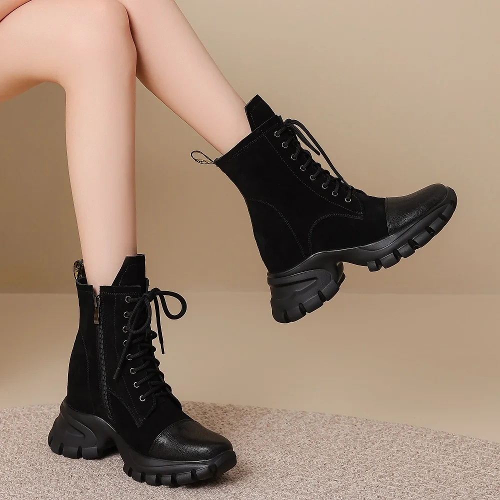 Suede Genuine Leather 10CM Platform Inner Heightening Lace-Up Side Zipper New Solid Color Concise Slim Retro Ankle Boots 50930