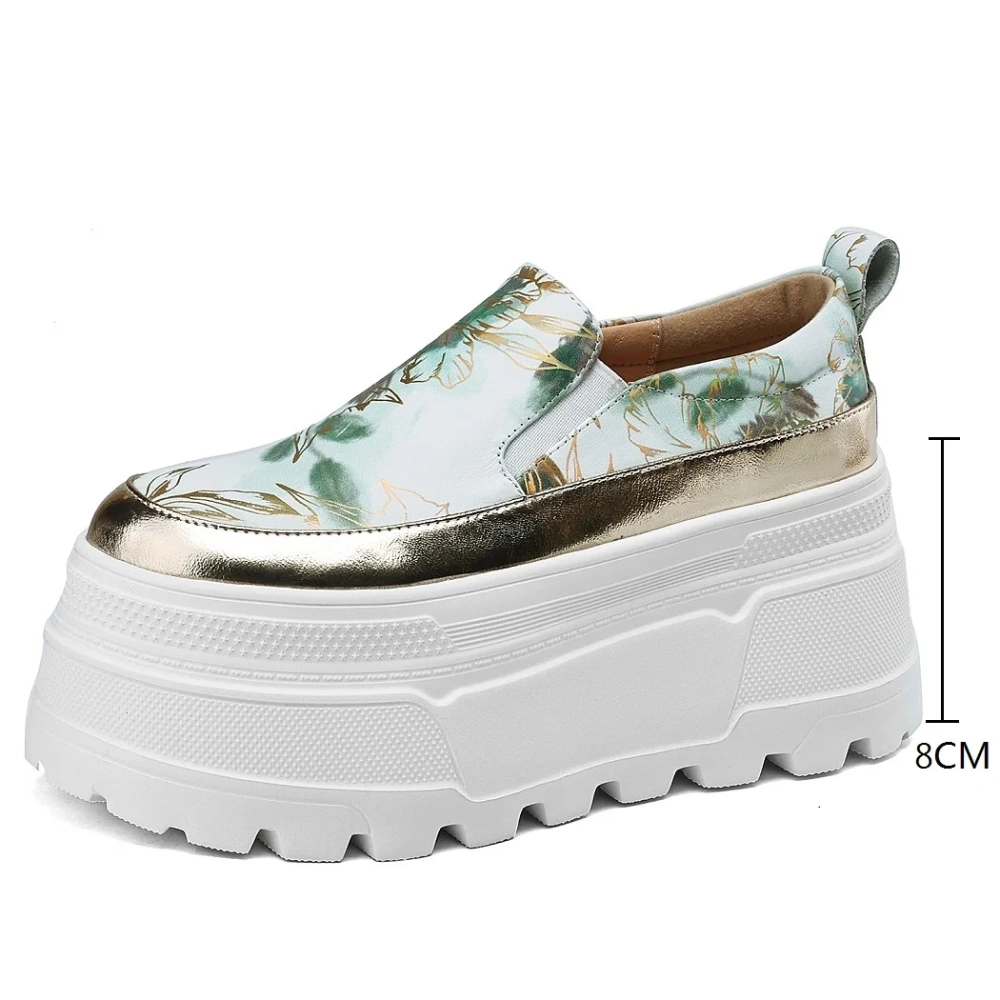 Women's Summer New Slim 8 CM Thick Sole Genuine Leather Printed Loafer Shoes Round Toe Slip On Platform Blocking Flats 50618