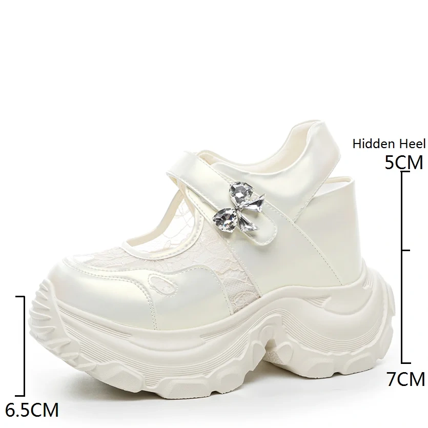 Women's Summer 12 CM Platform Mary Jane Genuine Leather Lace Mesh Pumps Round Toe Shallow Mouth Rhinestones Sandals 50523