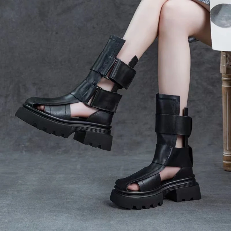 Women's New Slim Fit 6.5CM Chunky Heel Genuine Leather Cut out Hook&Loop Retro Gladiator Mid-Calf Summer Boots 50605