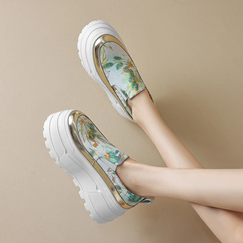 Women's Summer New Slim 8 CM Thick Sole Genuine Leather Printed Loafer Shoes Round Toe Slip On Platform Blocking Flats 50618