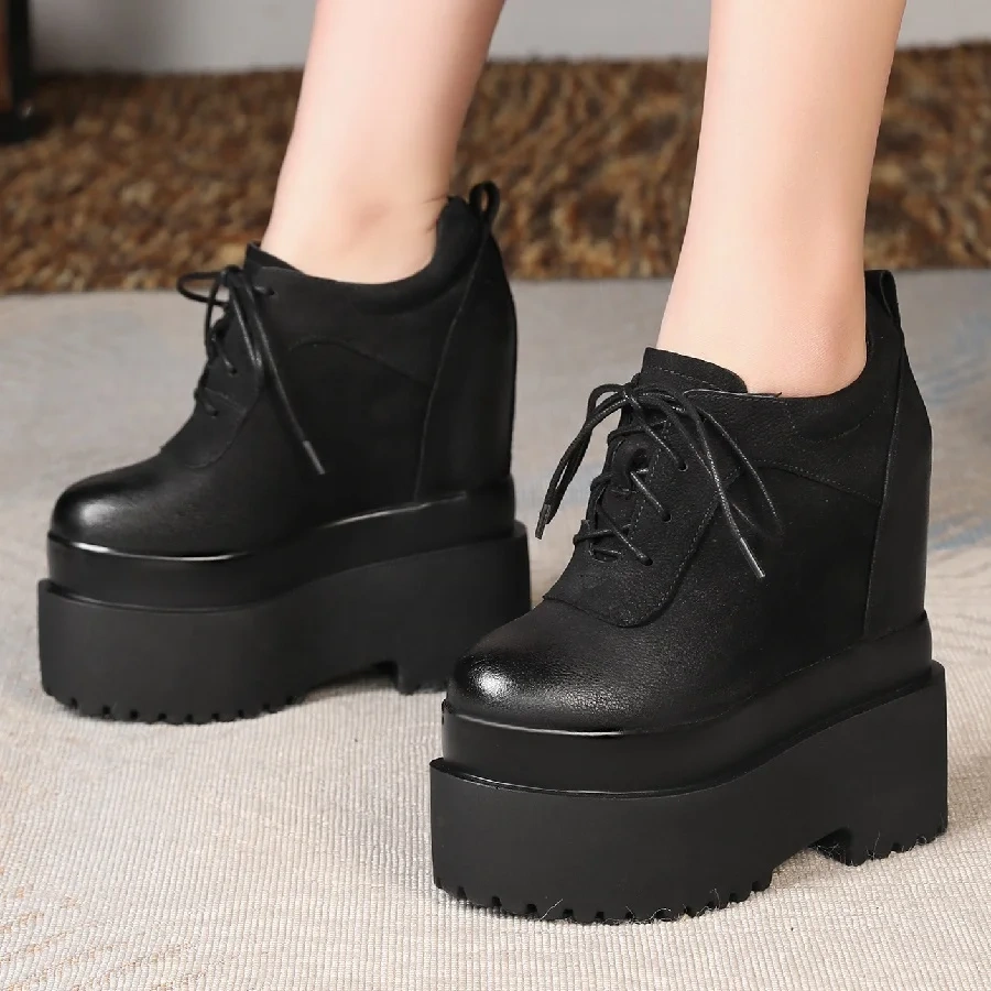 Spring Autumn New Retro Height Increasing 16 CM High Heels Platform Size 34-39 Cross-tied Full Grain Leather Women Modern Pumps