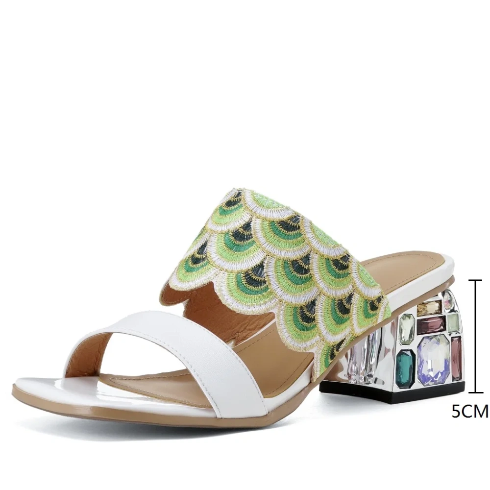 Women's Summer New Slim 5 CM Chunky Heel Genuine Leather Ethnic Embroidered Open-Toe Crystals Gladiator Plus Size Slippers 50623