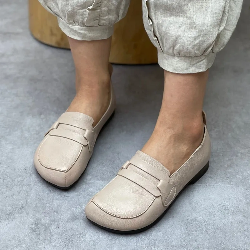 Spring Autumn New British Style Retro Flat Bottom Square Toe Shallow Slip-On Genuine Leather Women Casual Loafers Sneakers 2312