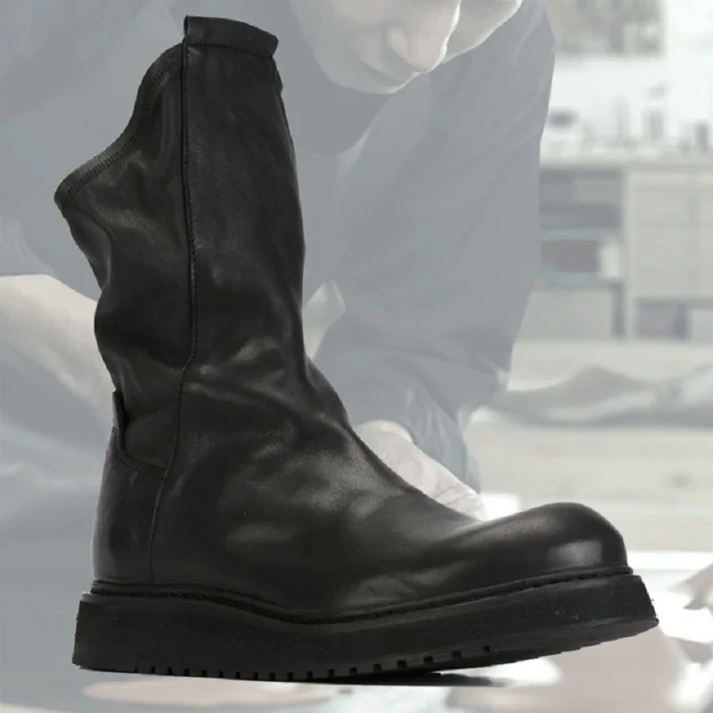 Spring Autumn British Style Slim Thick Sole Sewing Genuine Leather Men Mid-Calf Riding Equestrian Boots Winter Plush Inside
