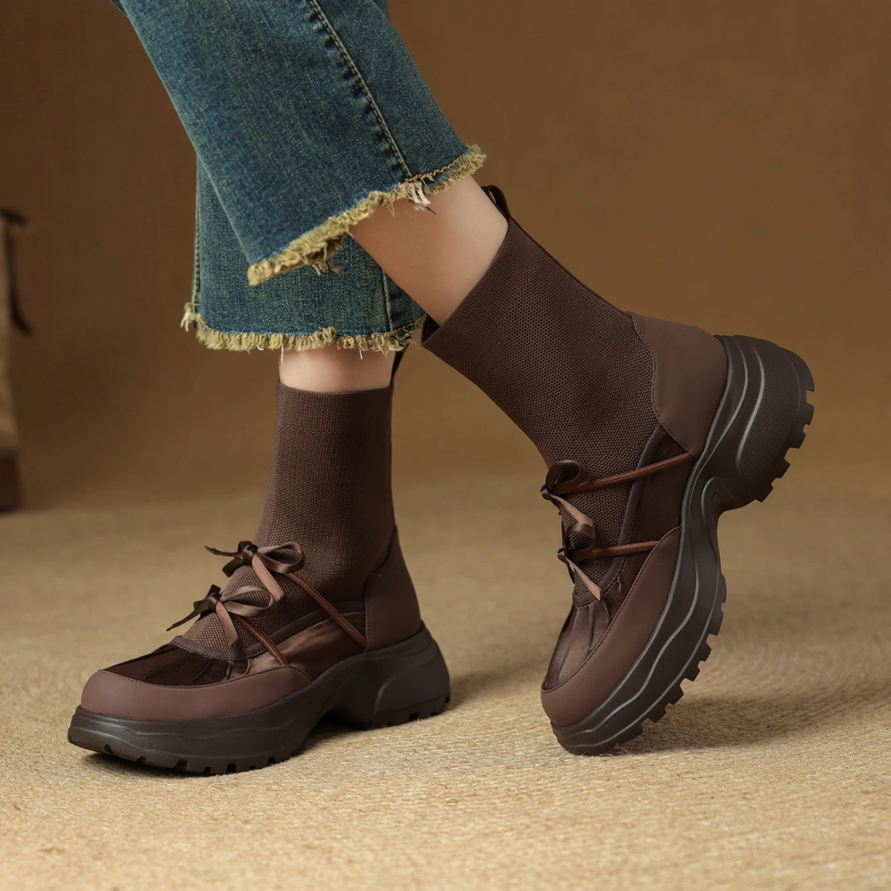 Genuine Leather Fleece Lined Bow Decor 5CM Thick Sole Slim Fit Retro Fashion Autumn Winter New Women's Casual Ankle Boots 51029