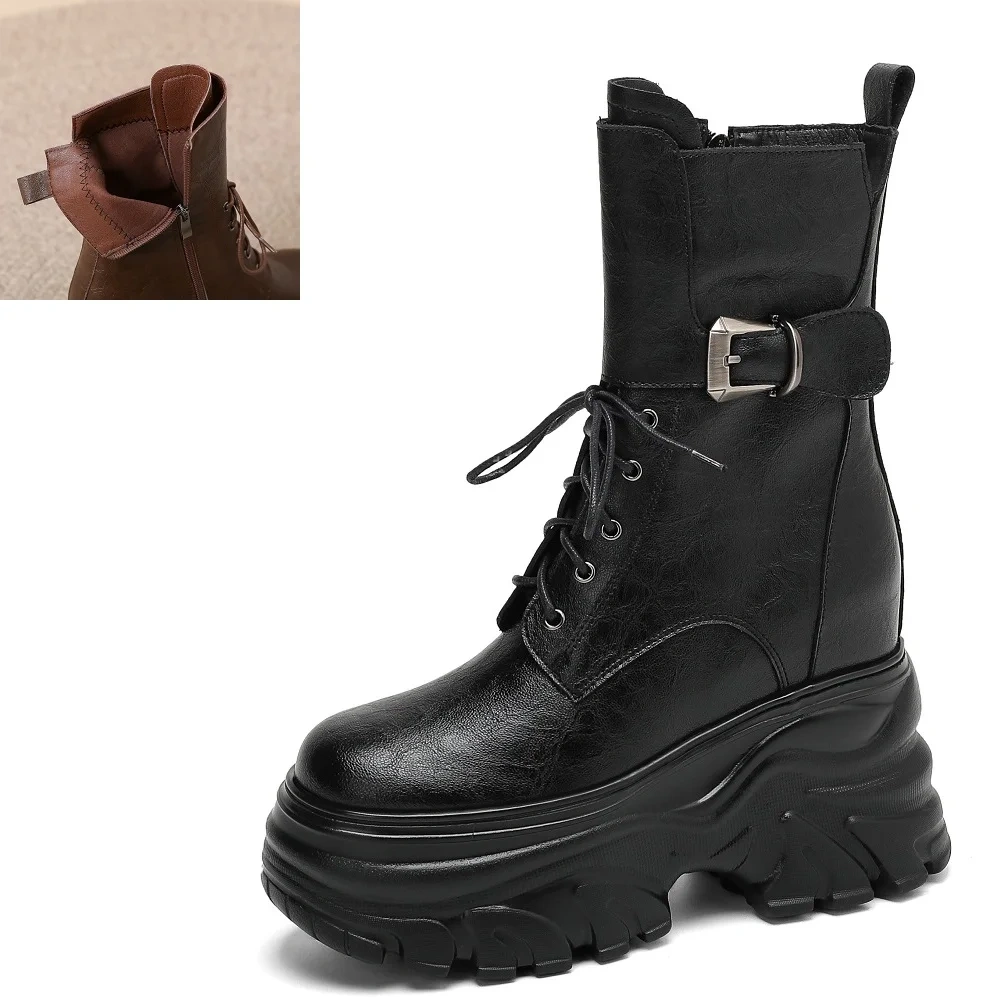 New Autumn Winter Women's Genuine Leather 12cm Thick Sole Inner Height Belt Buckle Lace-up Platform Slimming Ankle Boots 50930