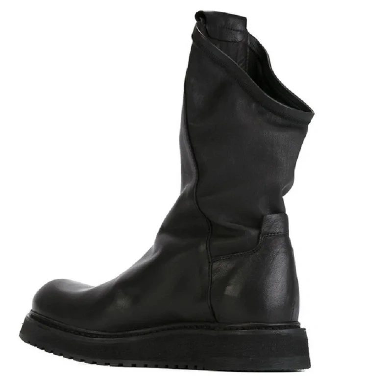 Spring Autumn British Style Slim Thick Sole Sewing Genuine Leather Men Mid-Calf Riding Equestrian Boots Winter Plush Inside