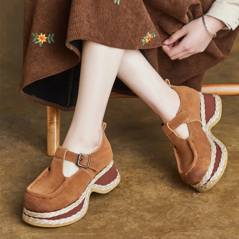 Women's Spring/Autumn New 4.5cm Chunky Heel Genuine Leather Buckle Espadrille British Style Wedge Platform Stitched Shoes 50707