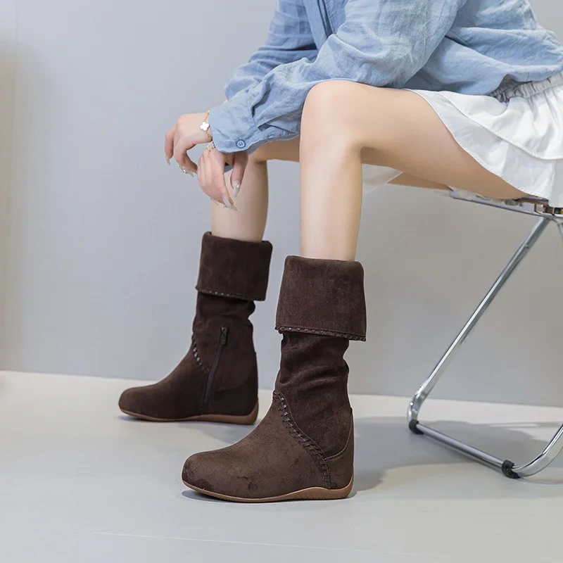 Women Autumn Winter New Mid-Calf Boots Cow Suede Casual 11CM Invisible Heel Sewing Foldable Collar Korean Style Half Boots 51014