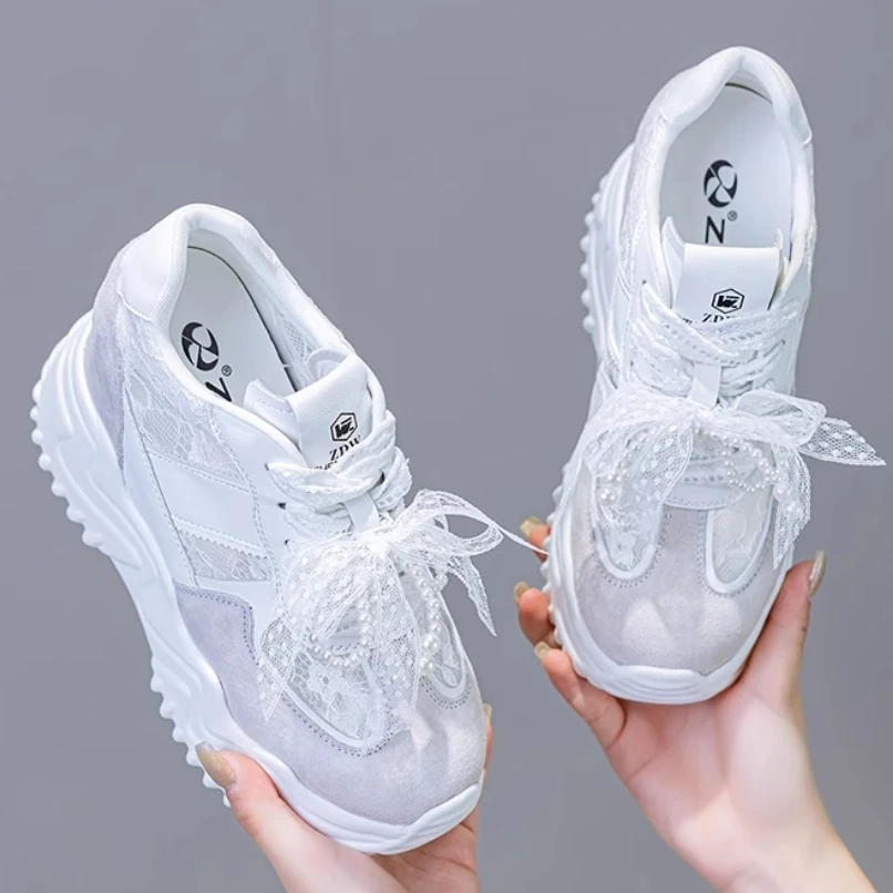 Women's Summer 12 CM Platform Wedge Genuine Leather & Mesh Sneakers Pearl Lace-Up Ribbon Ankle Strap Shoes 50523