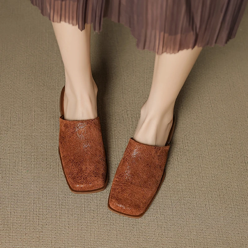Women's Spring Summer New Fashion 2.5 CM Block Heel Genuine Leather Solid Color Closed Toe Open Back Yellow Simple Slides 50616