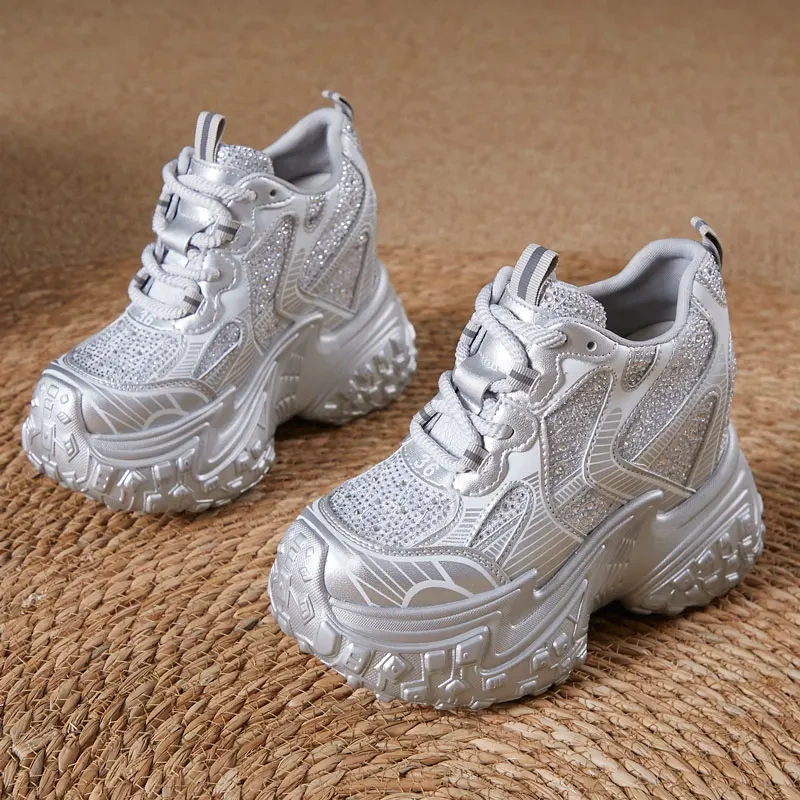 Ladies 12CM Heels Platform Thick Soled Real Leather Sneakers New Spring Autumn Style Rhinestone Color Block Casual Low Cut Shoes