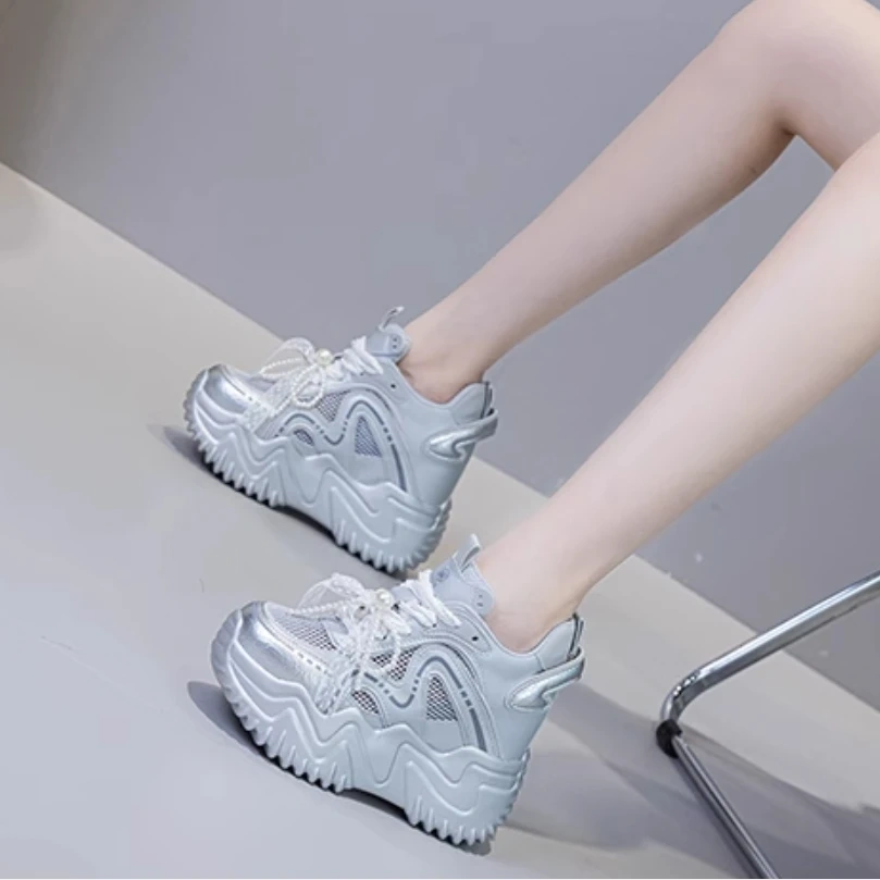Women's Summer Fashion Genuine Leather & Mesh Breathable 12 CM Platform Wedge Sneakers Pearl Lace-Up Ribbon Shoes 50523