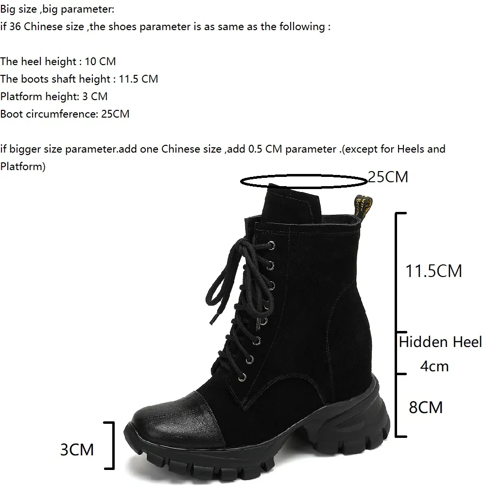 Suede Genuine Leather 10CM Platform Inner Heightening Lace-Up Side Zipper New Solid Color Concise Slim Retro Ankle Boots 50930