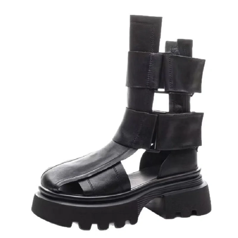 Women's New Slim Fit 6.5CM Chunky Heel Genuine Leather Cut out Hook&Loop Retro Gladiator Mid-Calf Summer Boots 50605