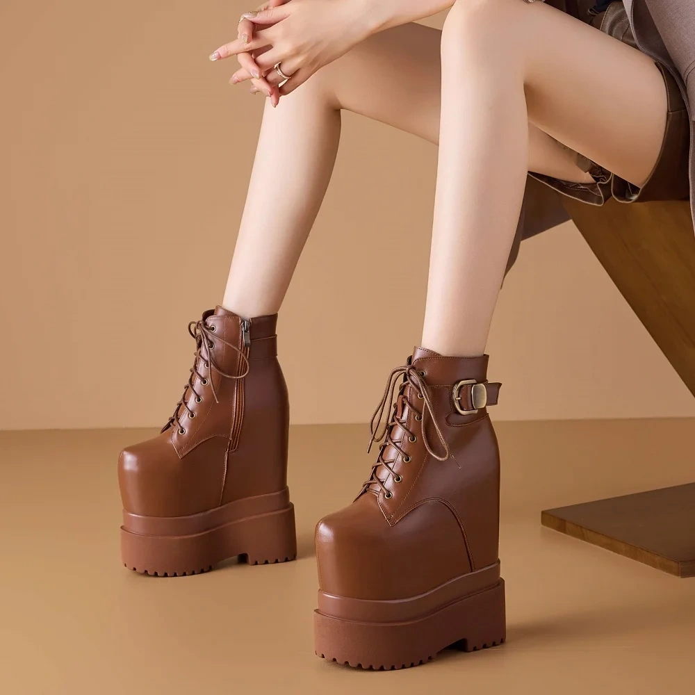 20CM Ultra High Heel Genuine Leather British Style Side Zipper Platform Stage Model Boots Ankle Boots Non-Slip Plush Lined 51016