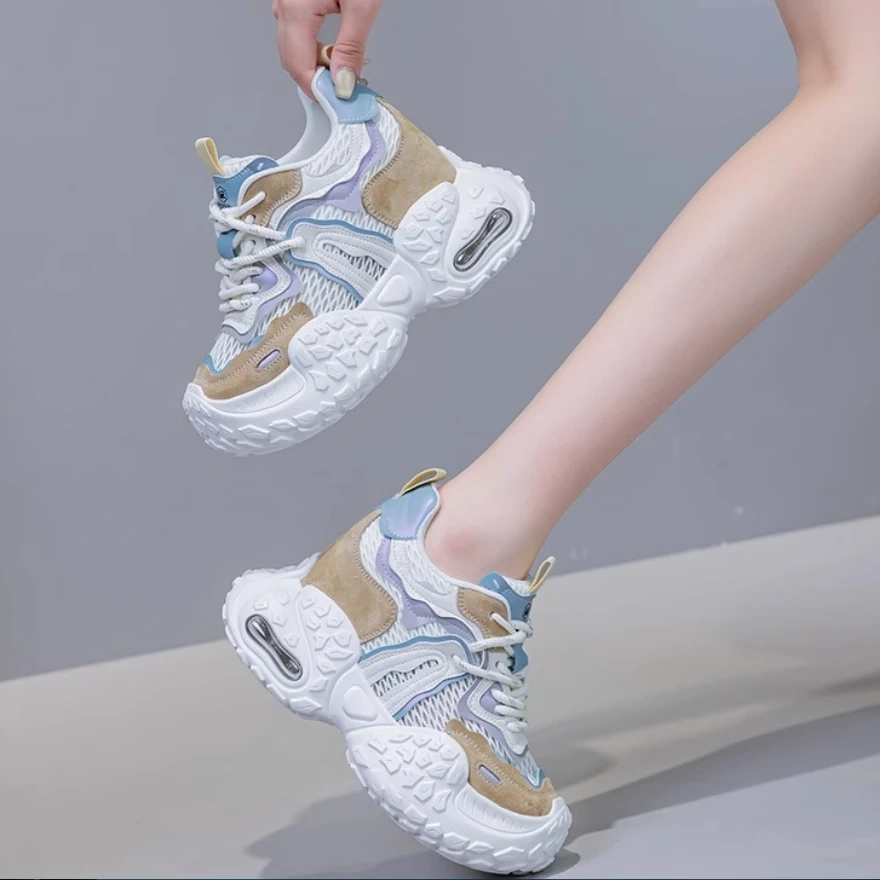 Women's Summer 12 CM Platform Genuine Leather & Mesh Breathable Upper Purple Sneakers Color Block Lace-Up Green Shoes 50524