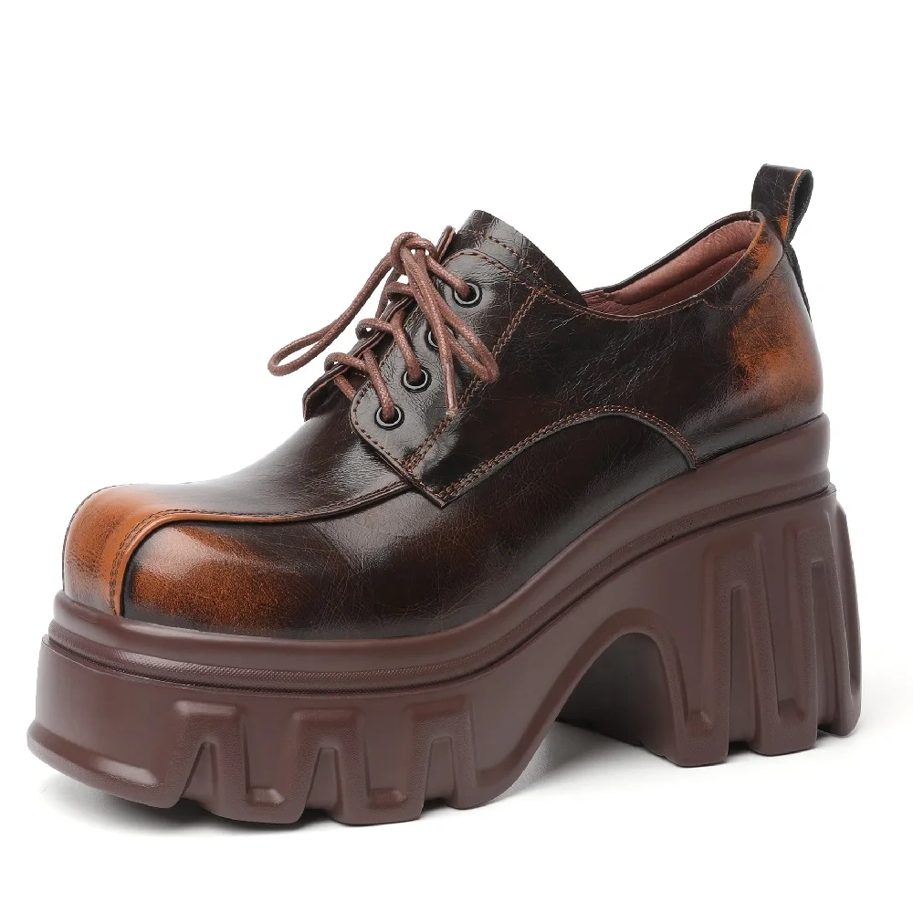 Spring Autumn New British Style Retro 10CM High Heels Platform Wedges Mixed Colors Lace-Up Genuine Leather Women Modern Pumps