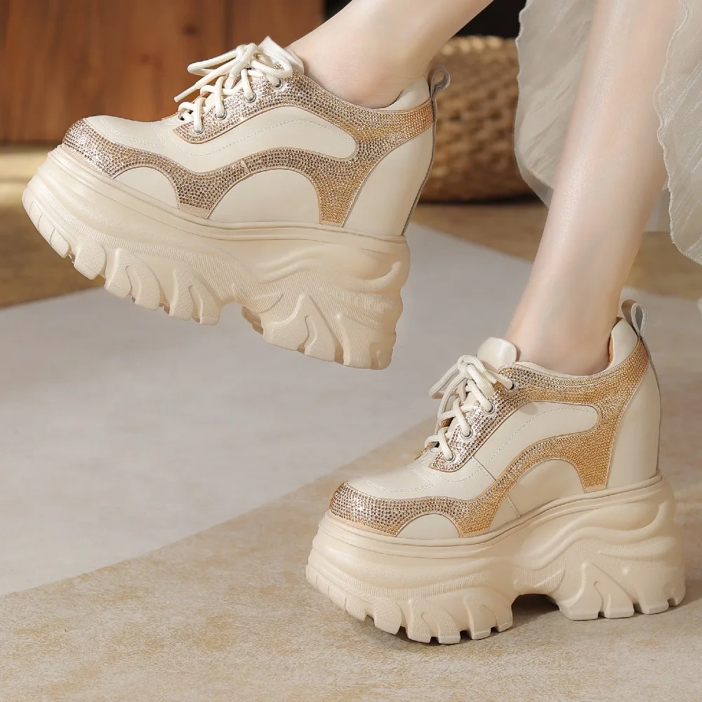 Women Modern Pumps British Style New Slim Height Increasing Platform Crystal Genuine Leather Lace-Up Ladies Casual Sneakers 2407