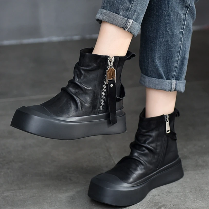 Women's Autumn Spring Fashion Genuine Leather 3 CM Thick Sole Solid Color Zipper Wrinkle Platform Ankle Boots 50530
