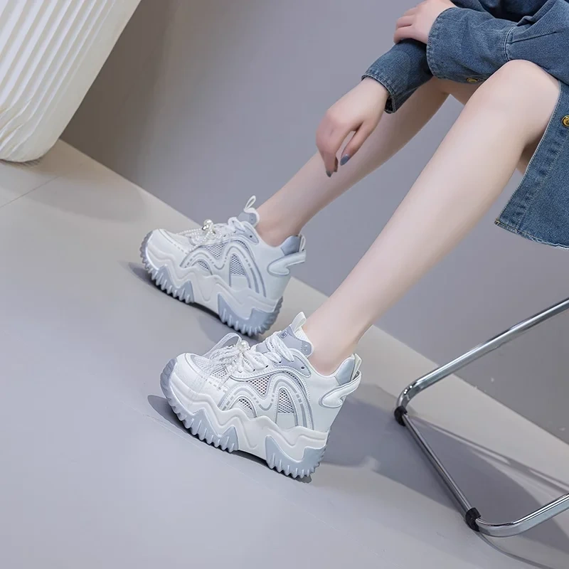 Women's Summer Fashion Genuine Leather & Mesh Breathable 12 CM Platform Wedge Sneakers Pearl Lace-Up Ribbon Shoes 50523