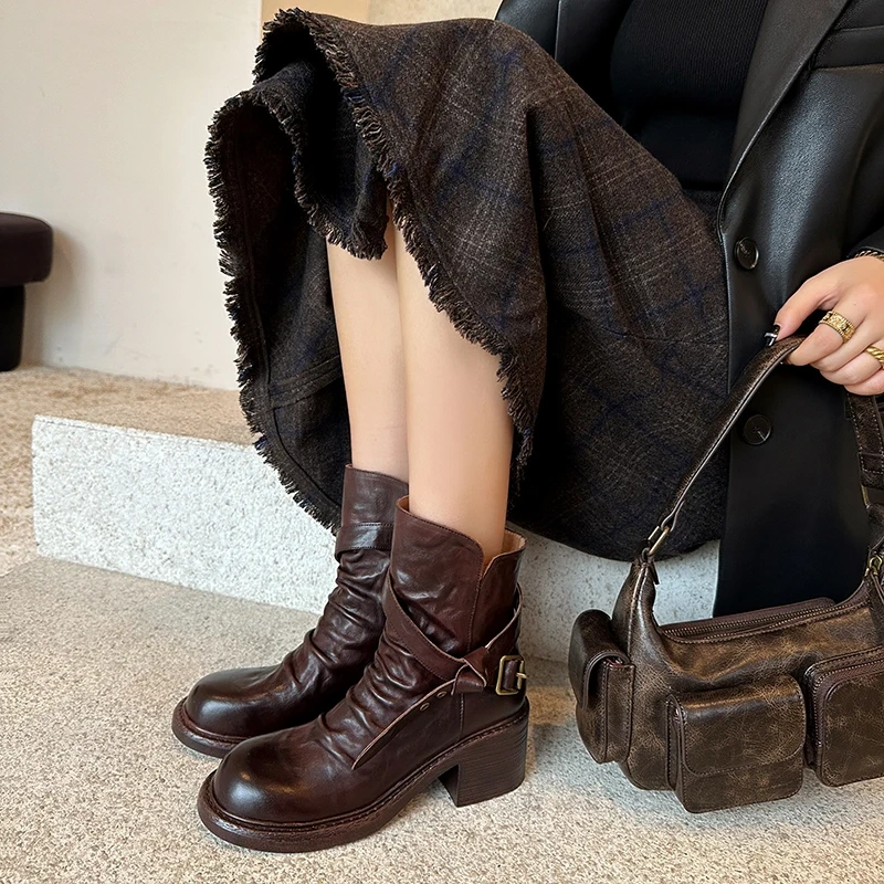 Women's New Spring Autumn Genuine Leather 8CM Block Heel Solid Color Belt Buckle Side Zip Round Toe Fashion Ankle Boots 50724