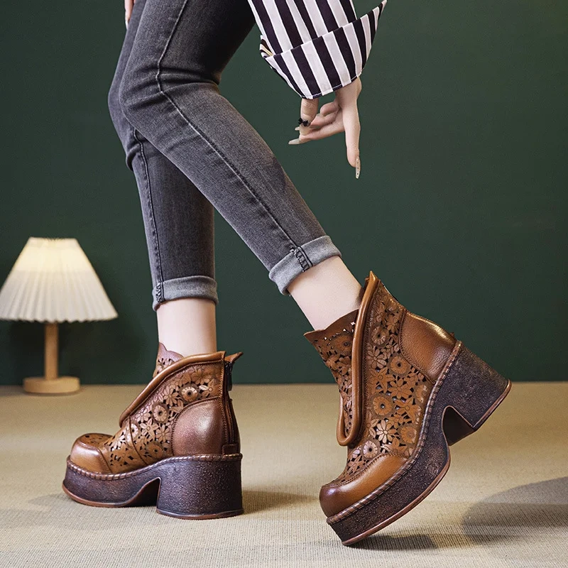 Women's Spring Summer Slim 7.5 CM Chunky Heel Genuine Leather Platform Floral Cut Out Embroidery Retro Chinese Ankle Boots 50603