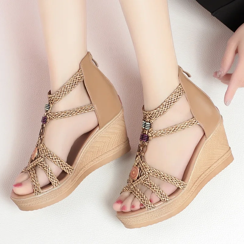 Women's Summer New Slim 7CM Wedge Heel Thick Sole Genuine Leather Woven Beaded Open Toe Zipper Platform Plus Size Sandals 50711