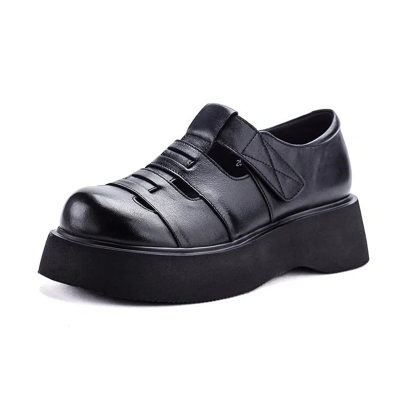 Women's Spring Summer Slim 4.5CM Thick Sole Round-Toe Genuine Leather Platform Hook&Loop Cutout Strappy Roman Sandals 50707
