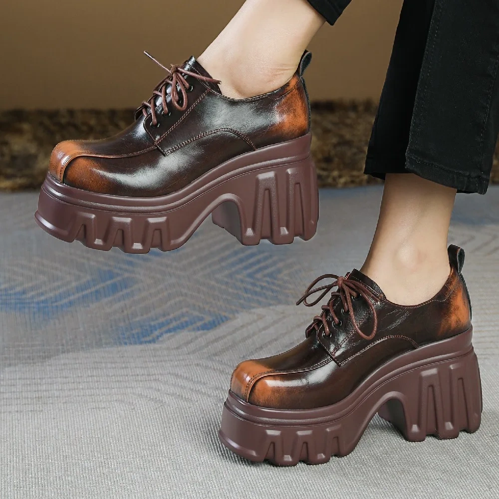 Spring Autumn New British Style Retro 10CM High Heels Platform Wedges Mixed Colors Lace-Up Genuine Leather Women Modern Pumps
