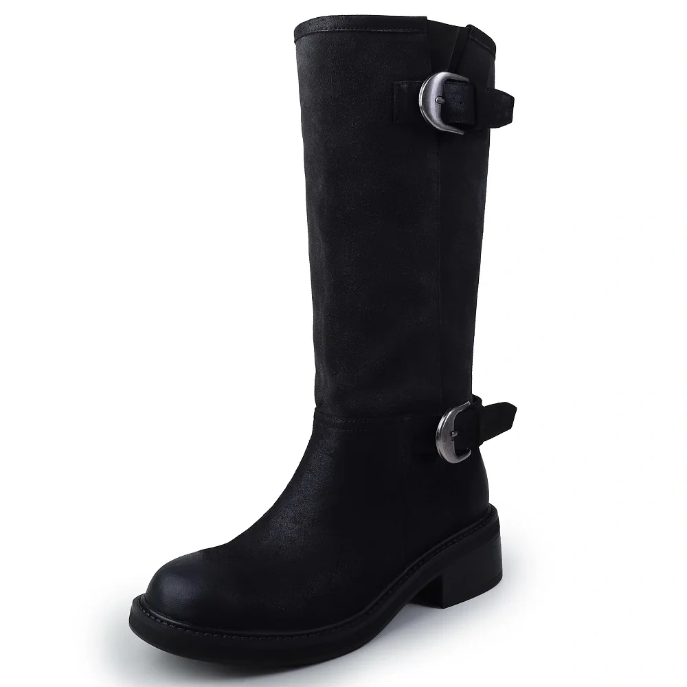 Women's 2025 Autumn Winter Color-Blocking Genuine Leather Buckle Round Toe 4.8CM Block Heel Retro Mid-Calf Stacked Boots 50730