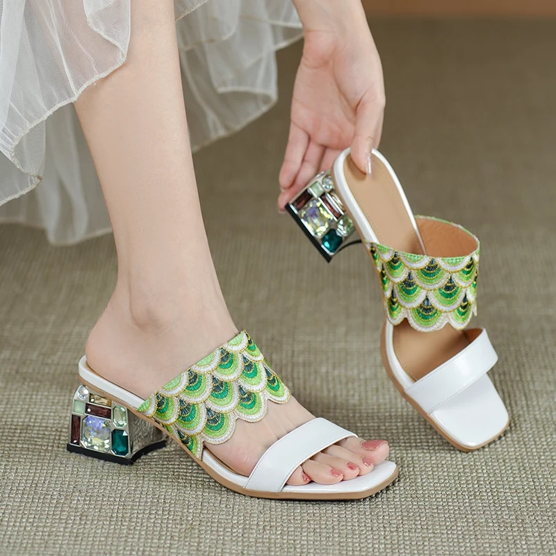 Women's Summer New Slim 5 CM Chunky Heel Genuine Leather Ethnic Embroidered Open-Toe Crystals Gladiator Plus Size Slippers 50623