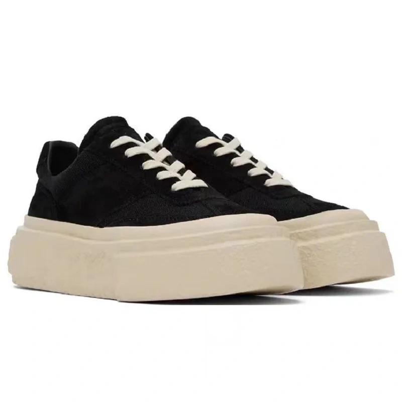 Men's Summer Chunky Sole 5cm Platform Genuine Leather Black & White Color Block Lace-Up Round Toe Non-Slip Casual Shoes 50715