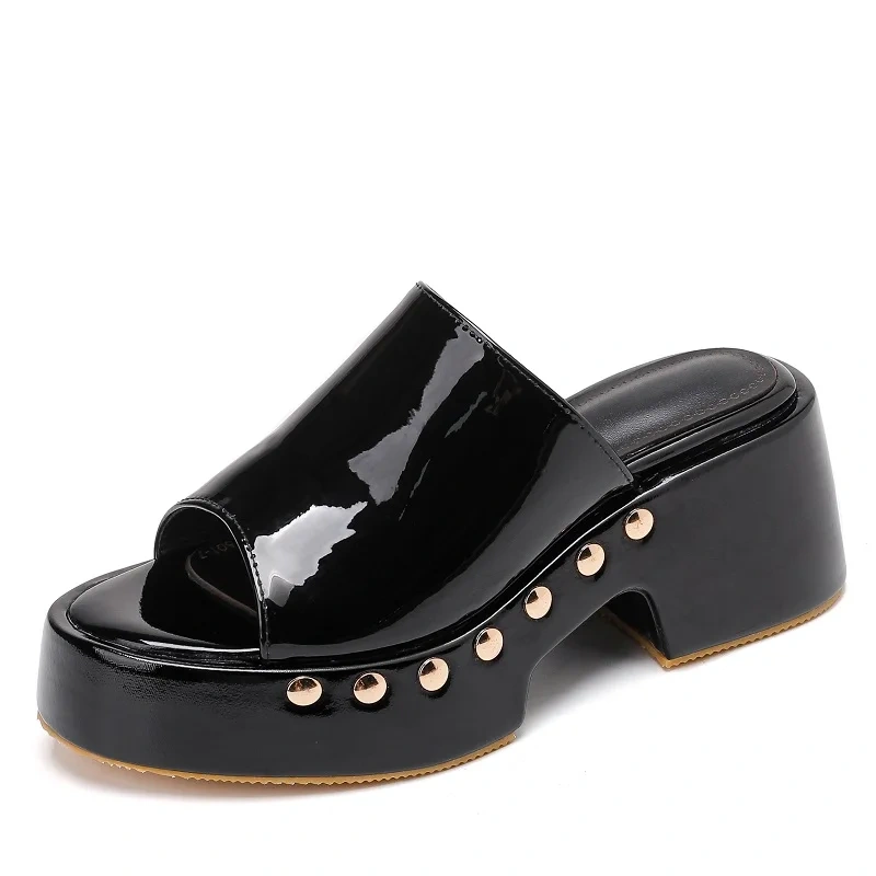 Women's Summer New Slim 7 CM Chunky Heel Genuine Leather Platform Peep-Toe Rivets Fashion Gladiator Slippers 50609