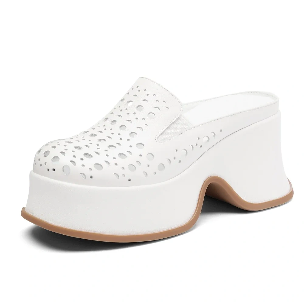 Women's Summer Fashion 9 CM Thick Platform Hollow Out Breathable Genuine Leather Mule Sandals Retro Open Back Slippers 50512